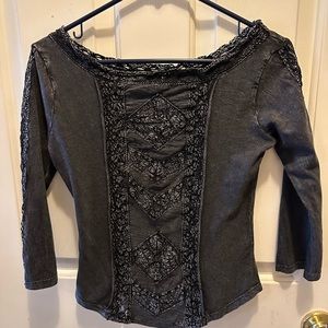 Free People Acid Wash/Lace 3/4 Sleeve Top